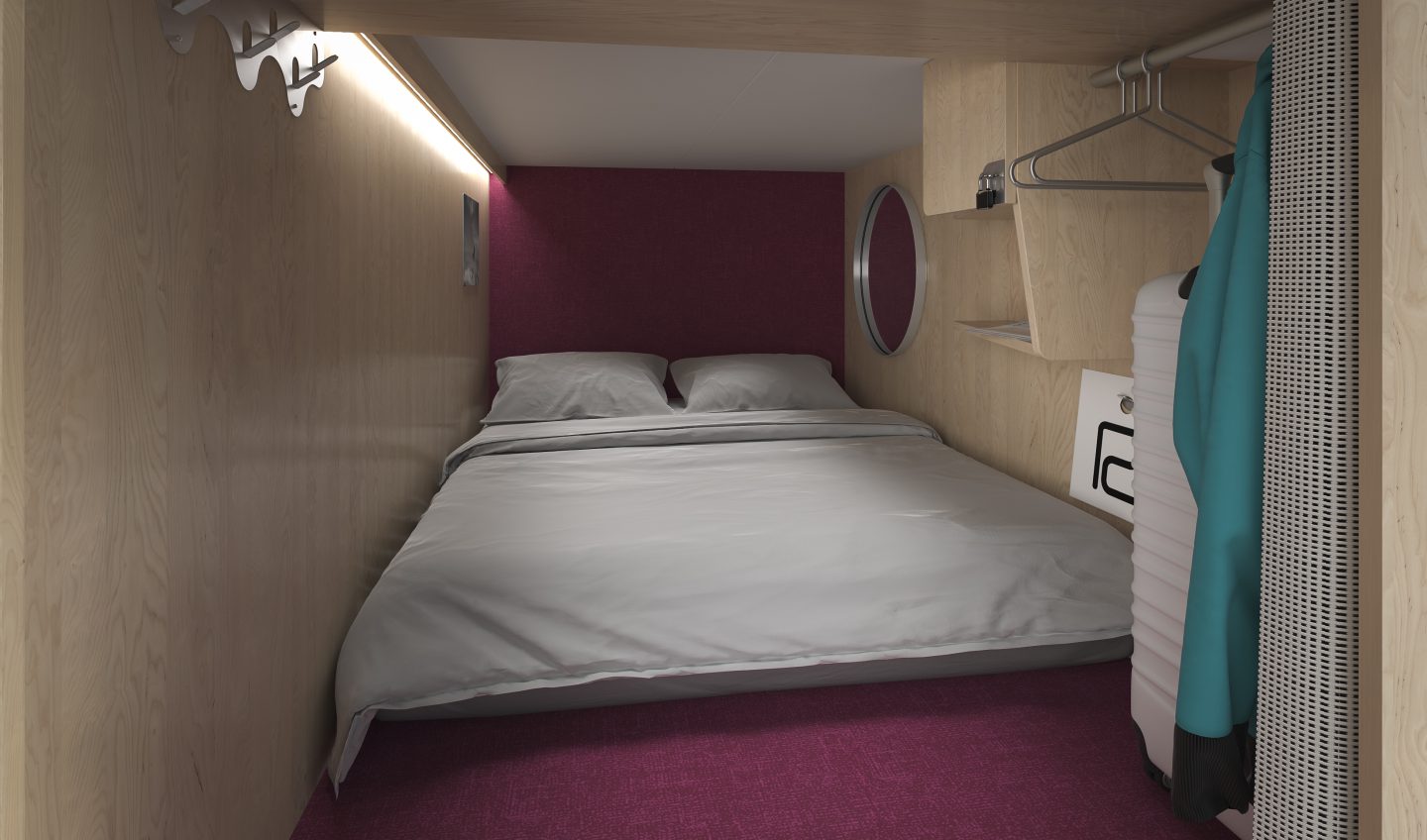 Interior of a sleeping pod at the Pangea Pod Hotel