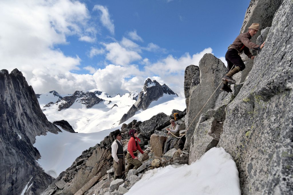 Garry Reiss leads a more technical pitch of the first ascent route that follows the south ridge of Bugaboo Spire