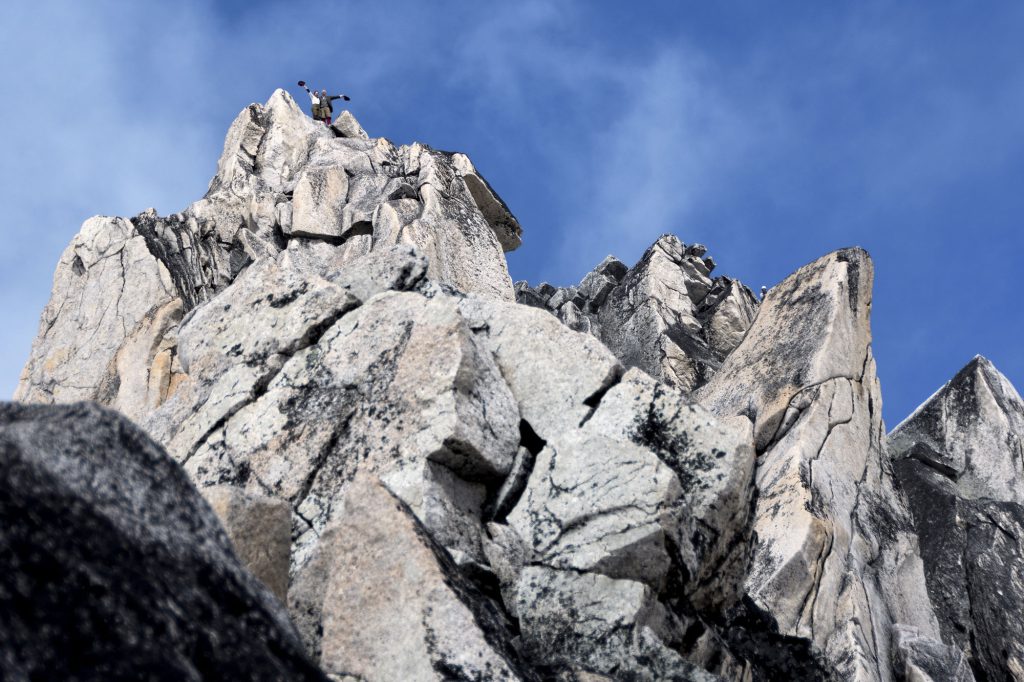 Natalia Danalachi and Rob LeBlanc attain the summit of Bugaboo Spire