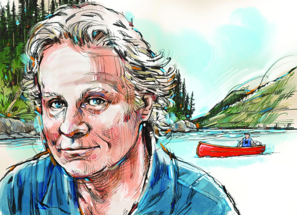 A drawing of Wade David with mountains, a river and a canoe in the background