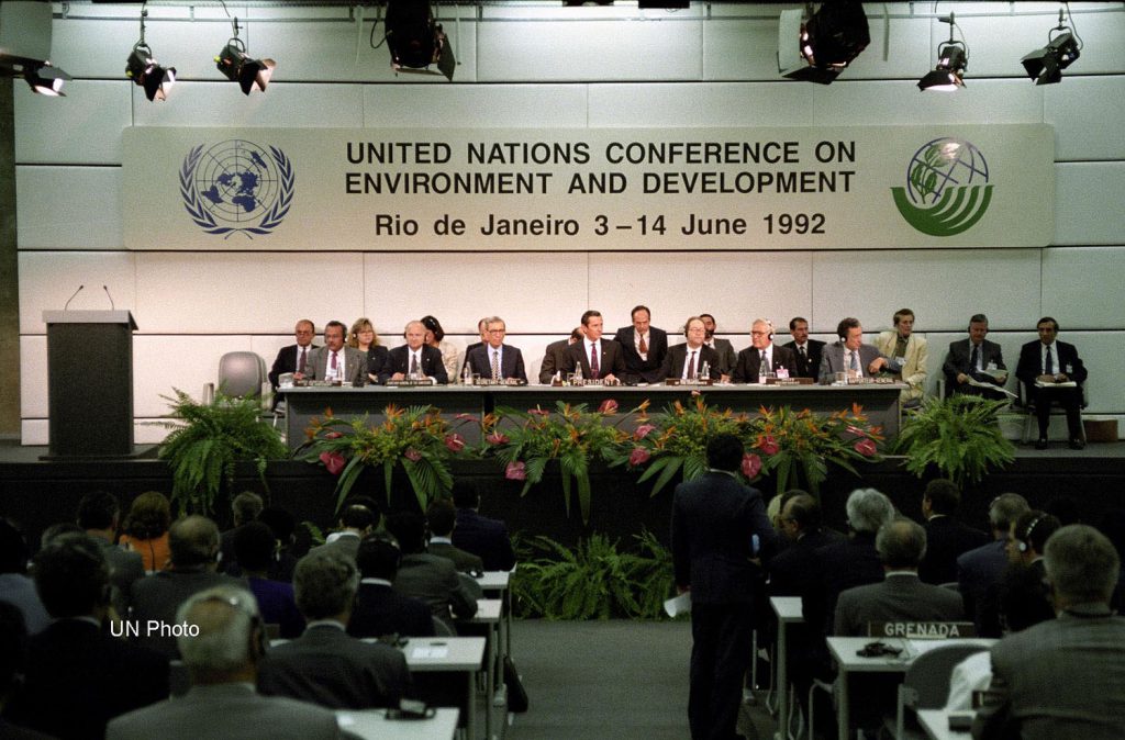 A view of the presiding table at the United Nations Conference on Environment and Development in 1992
