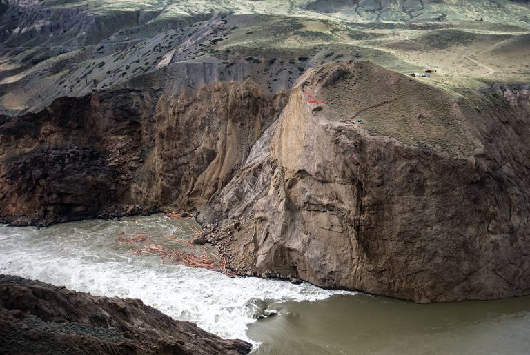 Aerial shot of the big bar land slide in fraser river