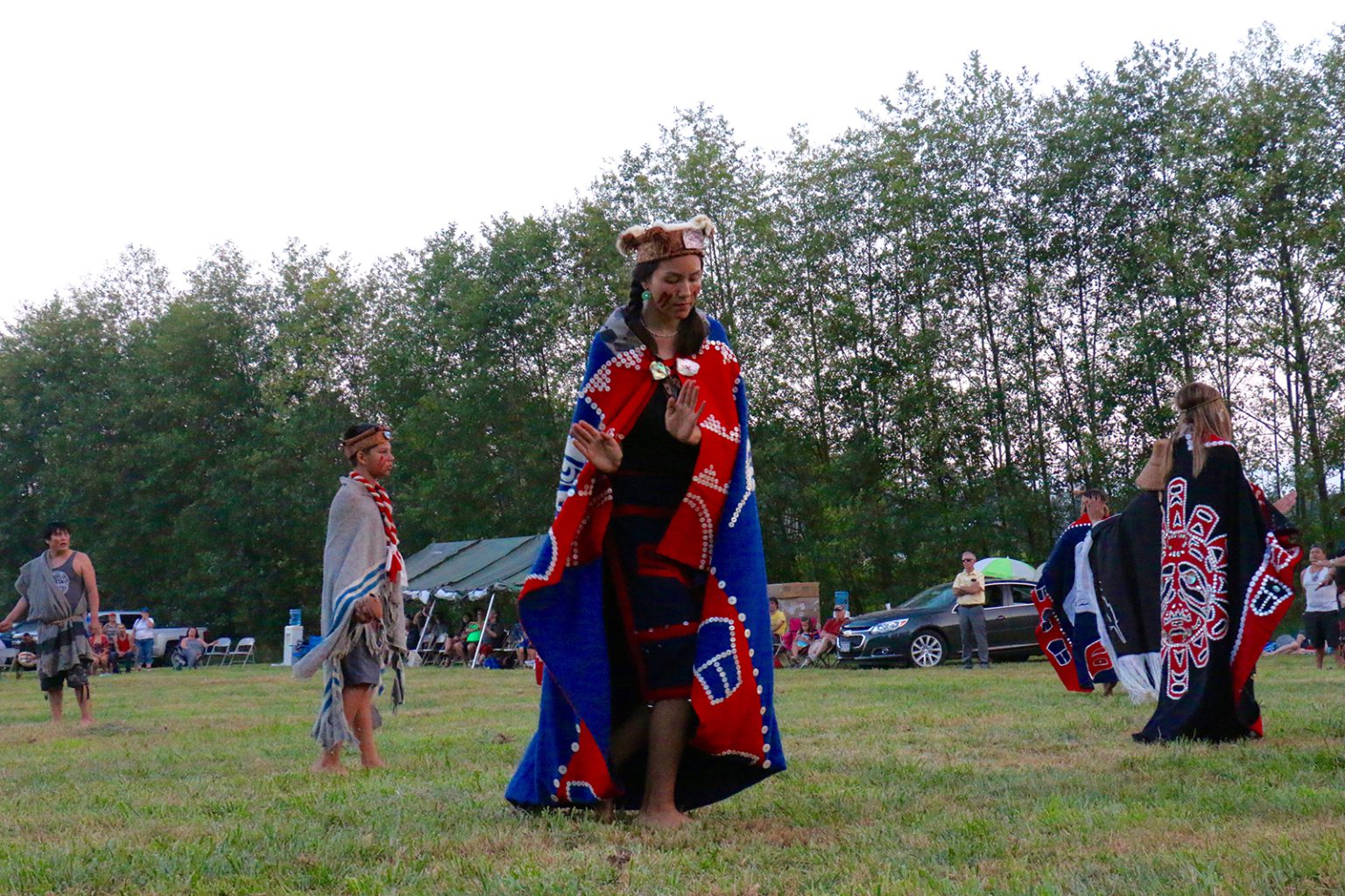 Emma Frank and K?omoks dancers welcome canoe families into their territories with song and dance.