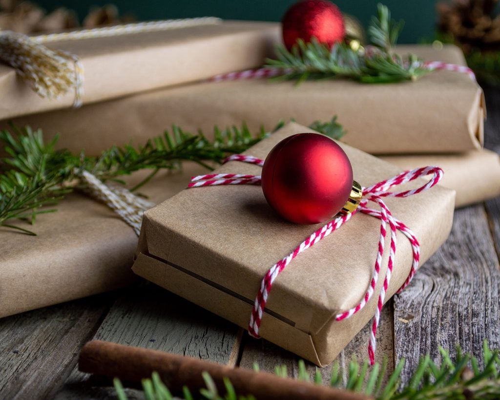 Christmas presents with brown paper wrapping