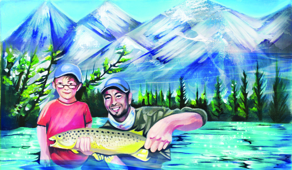 An illustration of Paul Brandt and his child holding up a fish