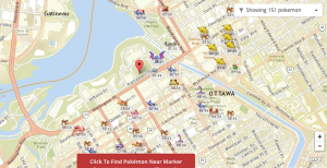 A screengrab of the PokéVision map showing Pokémon available around downtown Ottawa