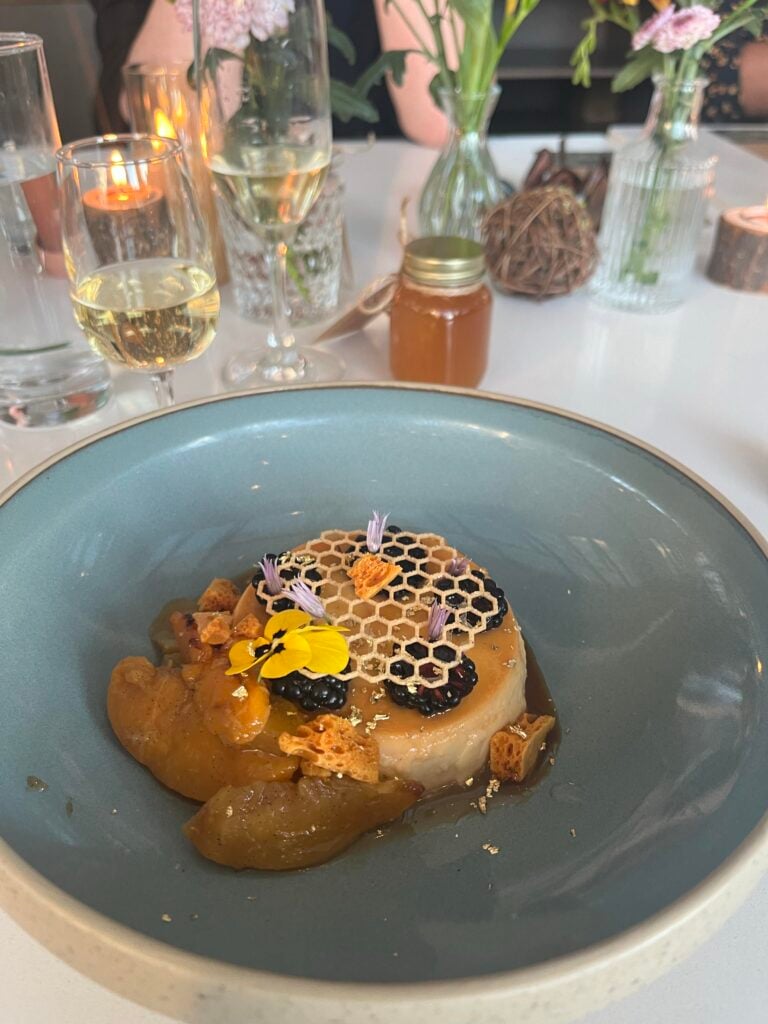 A créme caramel dessert with a honeycomb design on top
