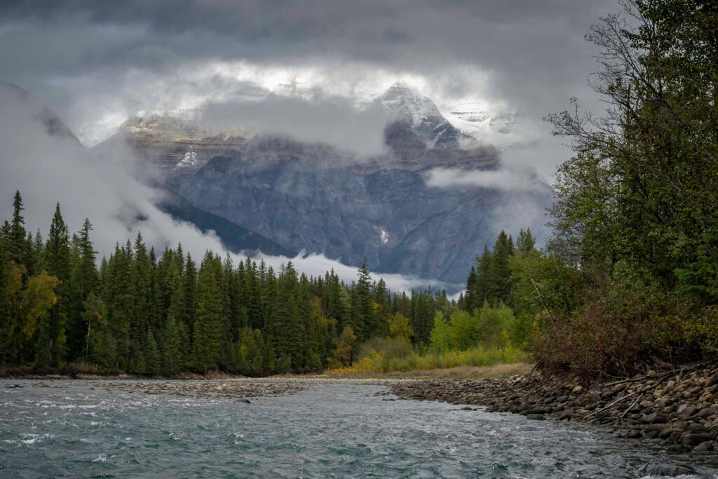 The Fraser River in front of the misty Rocky Mountains